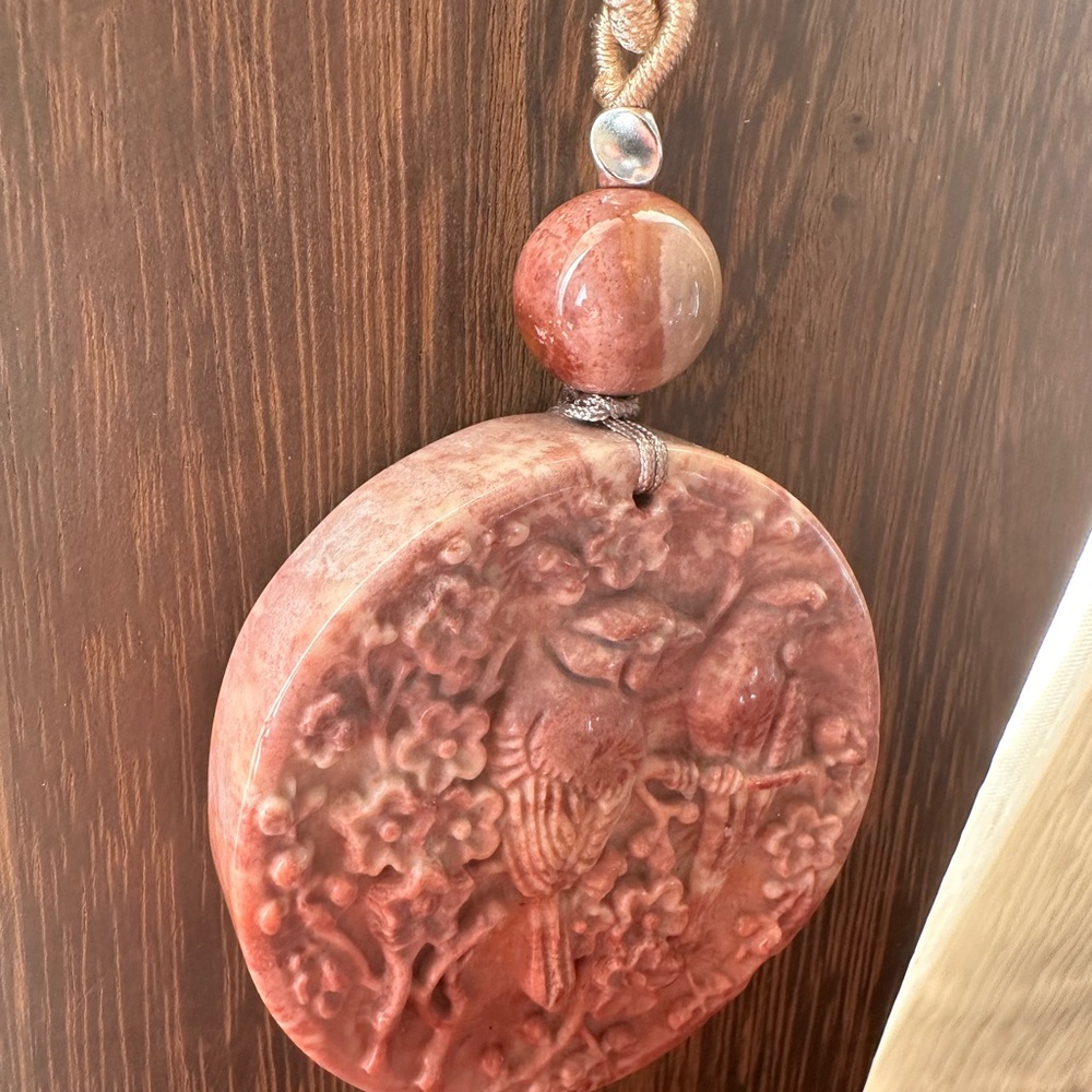 Coral Fossil Carved Round Bird Pendant Necklace on Tan Adjustable Rope - Picture 7 of 13